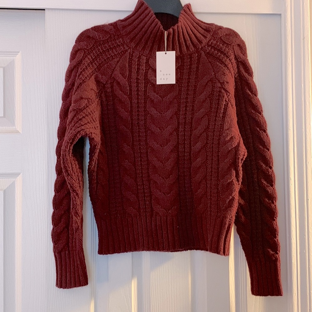A new day heavy knit burgundy high neck sweater!